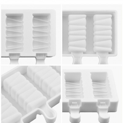 Formas de silicone brancas para gelados com padrão ondulado, diferentes vistas próximas.