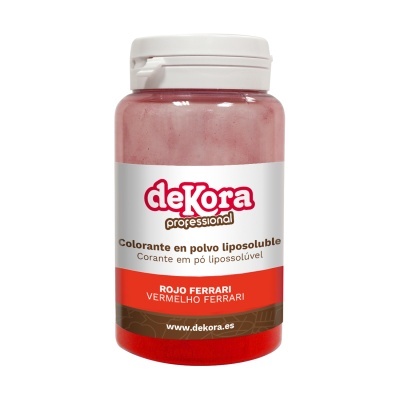 Frasco de corante em pó lipossolúvel vermelho com rótulo deKora