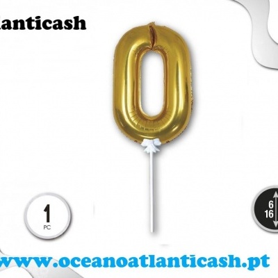 Balão número 0 dourado com haste branca para suporte