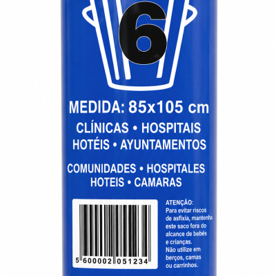 Rolo de sacos de lixo gigante pretos com etiqueta azul e preta e texto