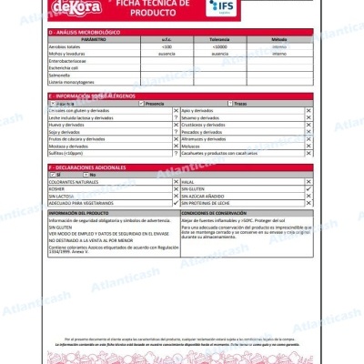 Ficha técnica de produto deKora com análise microbiológica e informações sobre alérgenos