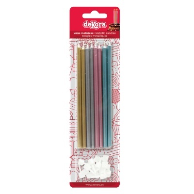 Pack de velas metálicas de cores variadas com suportes brancos em embalagem vermelha e branca