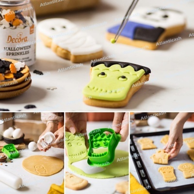 Biscoitos decorados de Halloween com glacê verde e confeitos, processo de preparação.