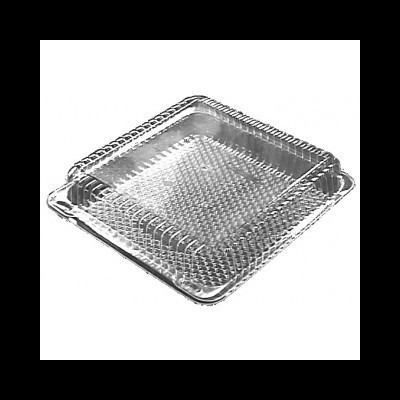 Caixa plástica transparente quadrada com tampa encaixável.