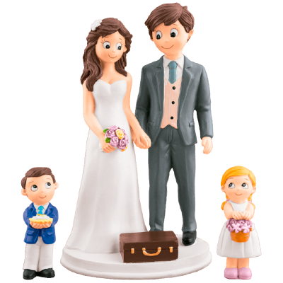 Figuras de bolo de casamento com noiva, noivo, menino e menina em resina