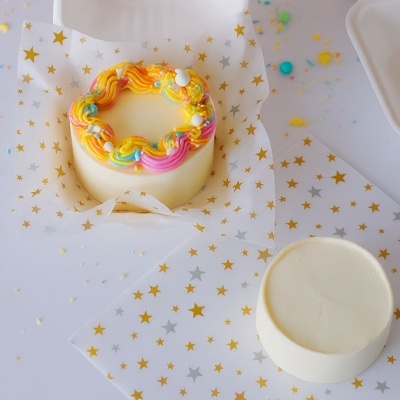 Dois bolos pequenos redondos, um decorado colorido e outro liso, sobre papel com estrelas.