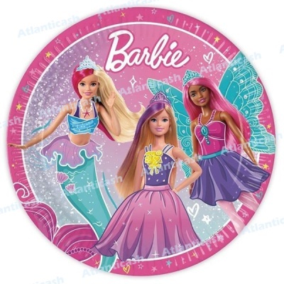 Prato Barbie redondo com três bonecas: sereia, fada e princesa em tons de azul, roxo e rosa.