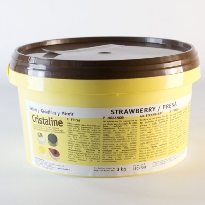 Recipiente amarelo com tampa castanha de gelatina de morango Cristaline.