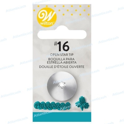 Bico de confeitar Wilton número 16 em embalagem branca com texto e logos amarelos e azuis.