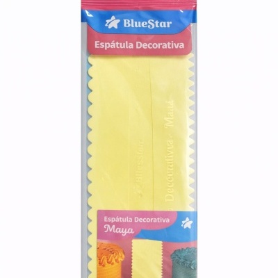 Espátula Decorativa Maya amarela da BlueStar em embalagem transparente com etiqueta azul e rosa