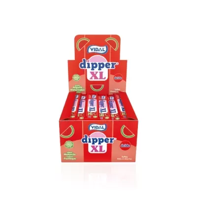 Expositor vermelho VIDAL dipper XL com embalagens vermelhas alinhadas e imagens de melancia