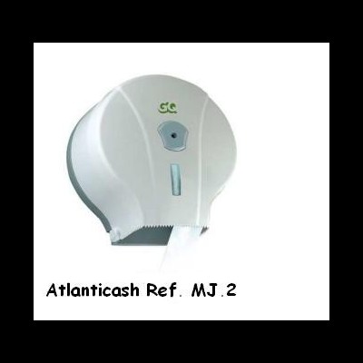 Dispensador de papel higiénico branco com janela e texto