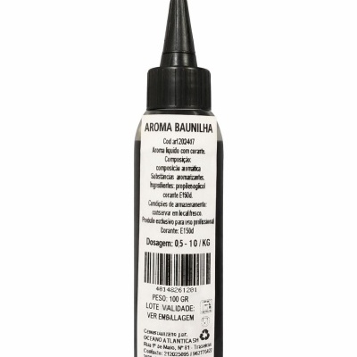 Frasco preto de plástico com aroba baunilha e rótulo branco com texto em português