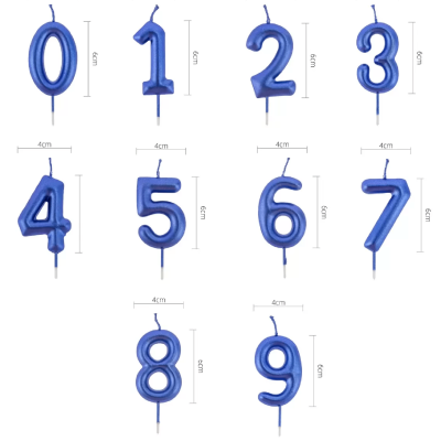 Velas de aniversário em forma de números azuis com medidas em centímetros
