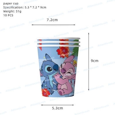 Conjunto de copos de papel decorados com personagens coloridos e flores