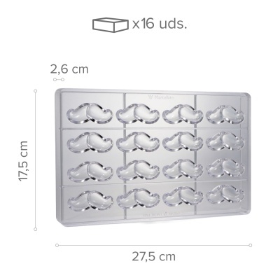 Forma de plástico transparente com cavidades em forma de bigode.