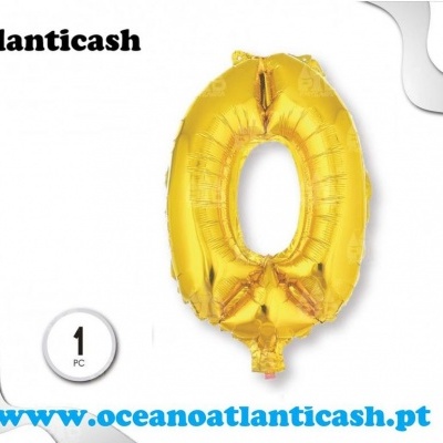 Balão metalizado dourado número 0 com textos promocionais