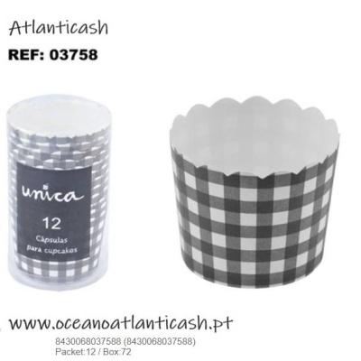 Cápsulas para cupcakes xadrez preto e branco com embalagem transparente