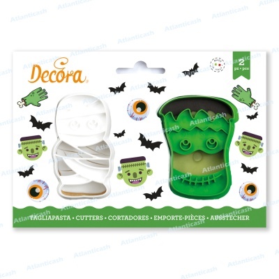 Cortadores de massa tema Halloween em branco e verde na embalagem decorada