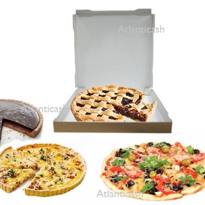 Quatro produtos alimentares: pizza de legumes, quiche, tarte de chocolate e tarte de fruta numa caixa