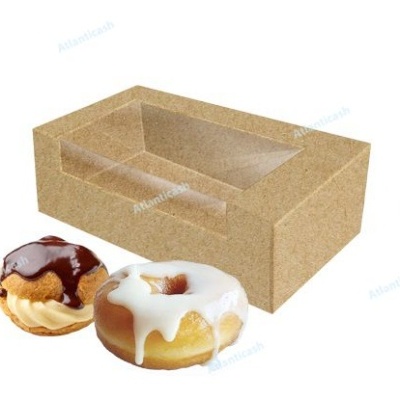 Caixa de cartão castanha transparente com donut branco e pastel de creme com chocolate