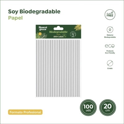 Pacote de 100 palhinhas biodegradáveis de papel branco com riscas cinzentas
