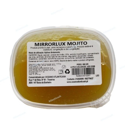Recipiente plástico transparente com tampa contendo Mirrorlux Mojito e rótulo branco