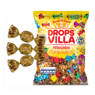Pacote de doces Drops Villa e três caramelos embalados individualmente