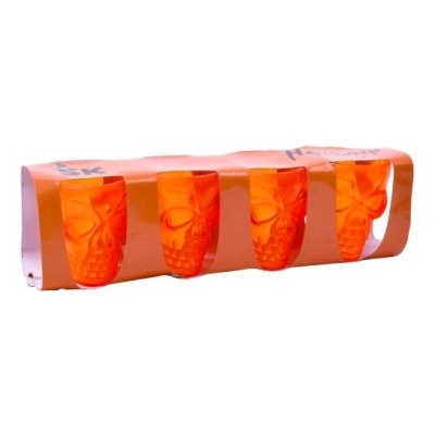 Conjunto de copos shot laranja translúcido com design de caveira em embalagem cor-de-laranja