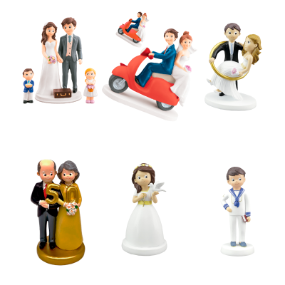 Figuras de bolo de casamento em cerâmica com noivos, crianças e personagens em várias cores