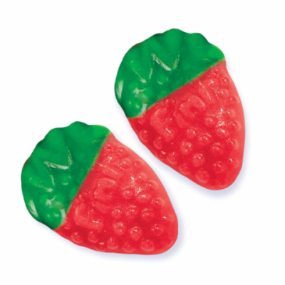 Dois doces em forma de morango verdes e vermelhos sobre fundo branco