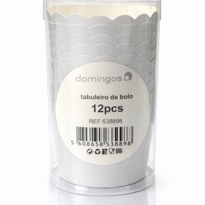 Conjunto de 12 tabuleiros de bolo de papel branco com bordas onduladas em embalagem de plástico