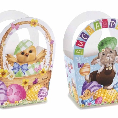 Caixas de papelão decorativas para Páscoa com desenhos de pintinho e coelho, e texto 'BUONA PASQUA'.