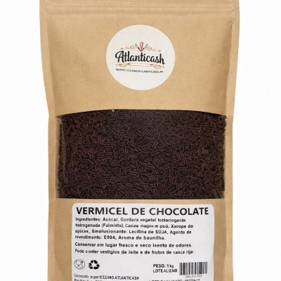 Saco de papel com vermicelli de chocolate e etiqueta informativa