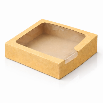 Caixa de cartão castanho claro com tampa transparente