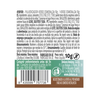 Etiqueta de embalagem de pulverizador verde esmeralda 10g com informações detalhadas
