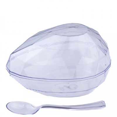 Recipiente oval facetado transparente com colher de plástico