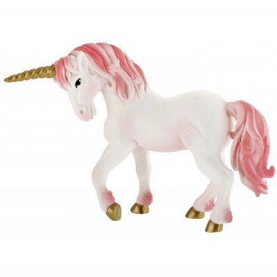 Figurinha de unicórnio branco com crina rosa e chifre dourado