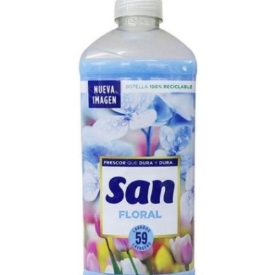 Frasco azul de produto floral sanitário com tampa branca e rótulo colorido