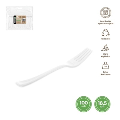 Garfo plástico branco reutilizável e resistente em fundo branco