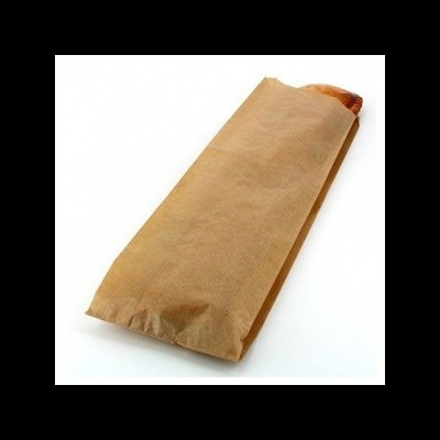 Saco de papel castanho com pão baguete parcialmente visível