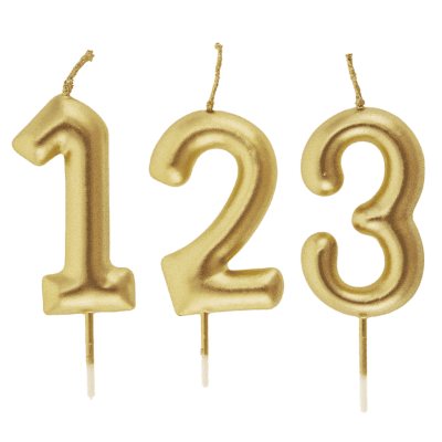 Velas douradas em forma dos números 1, 2 e 3 com pavios e suporte.