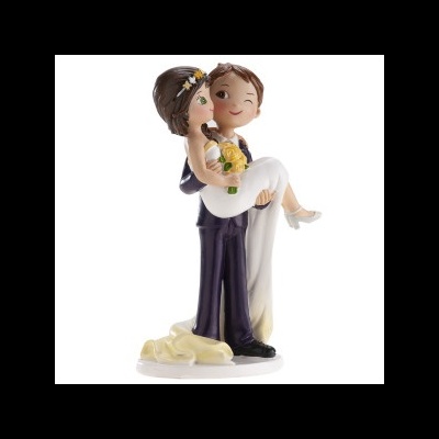 Figuras decorativas de noivos em cerâmica, noivo de fato azul e noiva de vestido branco