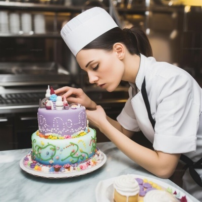 Bolo decorado com glacê lilás e azul claro com flores, sendo ajustado por mulher com uniforme de chef