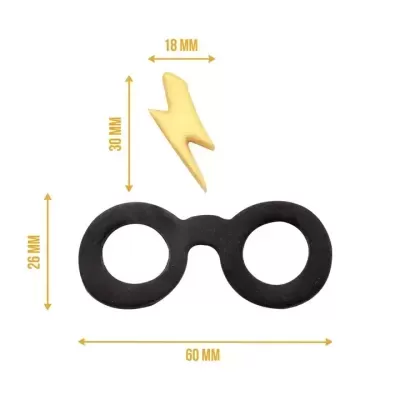 Par de óculos pretos e raio amarelo com medidas em milímetros