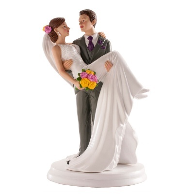 Figura decorativa de casal de noivos com bouquet colorido e base branca