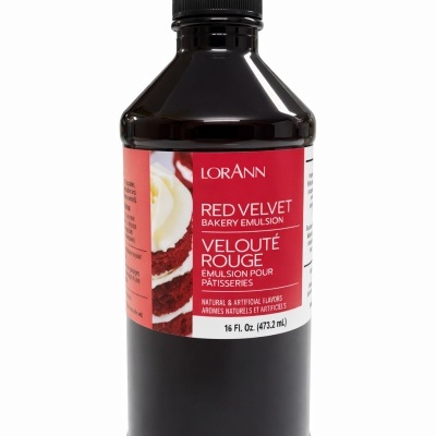 Frasco de emulsão para pastelaria LorAnn Red Velvet com rótulo vermelho e branco.