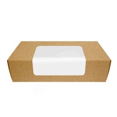 Caixa retangular de cartão castanho com tampa branca opaca