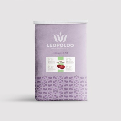 Pacote lilás de produto Leopoldo com texto e padrão