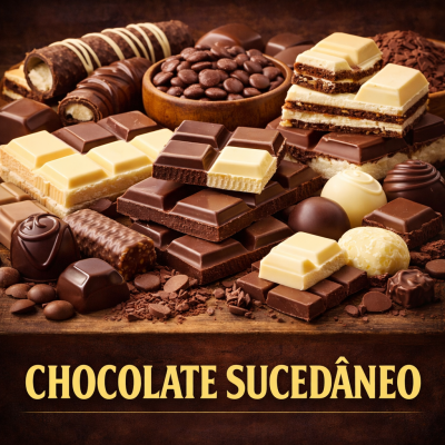 Vários chocolates de diferentes tipos e cores com texto Chocolate Sucedâneo